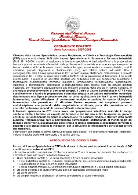 Decoración alarma fácilmente Manifesto degli Studi A.A. 2007-2008 - FacoltÃ di Farmacia