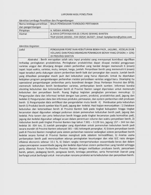 laporan akhir pengkajian pemetaan kebutuhan benih ... - KM Ristek