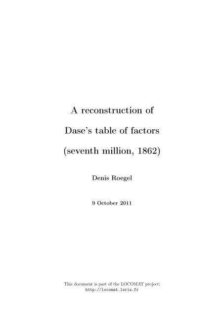 A reconstruction of Dase's table of factors (seventh million, 1862)