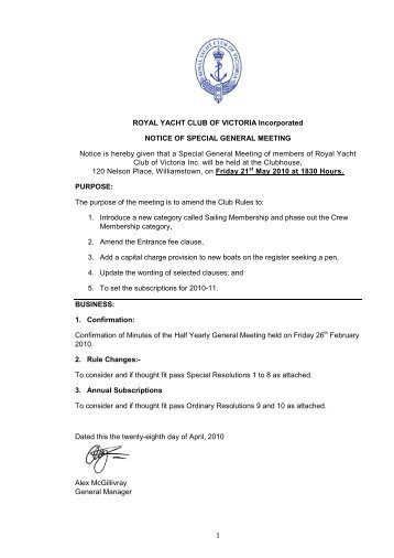 1 ROYAL YACHT CLUB OF VICTORIA Incorporated NOTICE OF ...