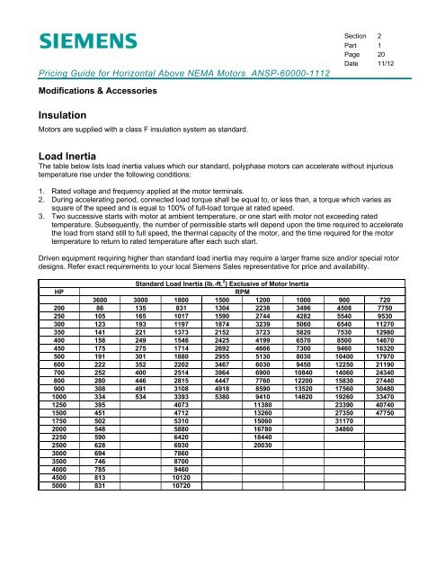 Pricing Guide for Horizontal Above NEMA Motors - Siemens Industry ...