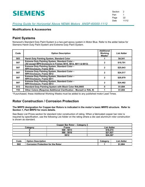 Pricing Guide for Horizontal Above NEMA Motors - Siemens Industry ...