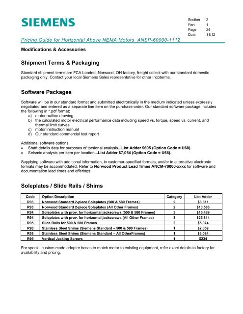 Pricing Guide for Horizontal Above NEMA Motors - Siemens Industry ...