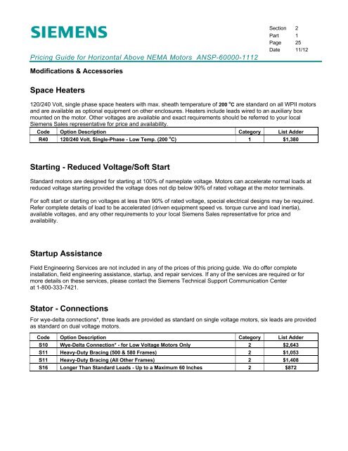 Pricing Guide for Horizontal Above NEMA Motors - Siemens Industry ...