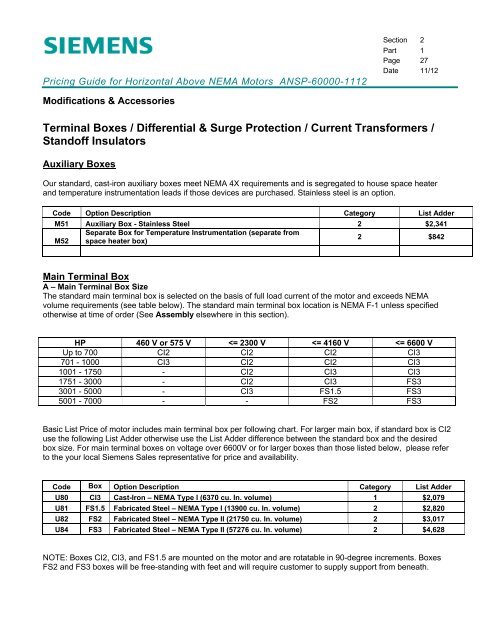 Pricing Guide for Horizontal Above NEMA Motors - Siemens Industry ...