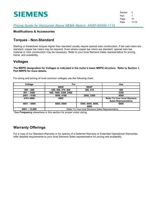 Pricing Guide for Horizontal Above NEMA Motors - Siemens Industry ...