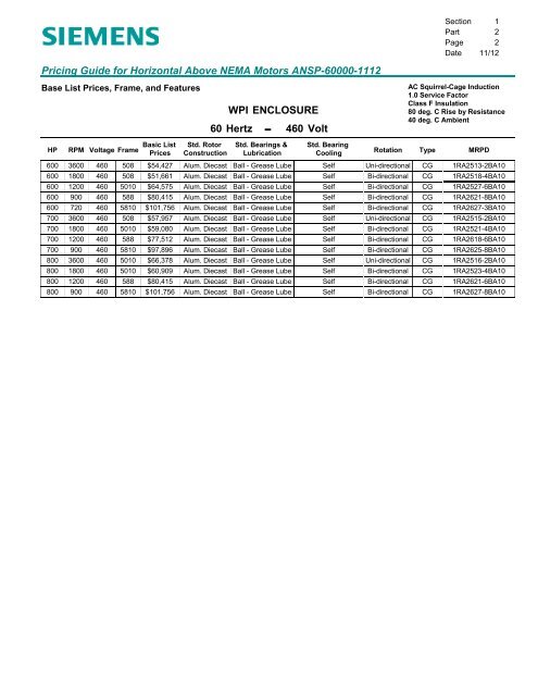 Pricing Guide for Horizontal Above NEMA Motors - Siemens Industry ...