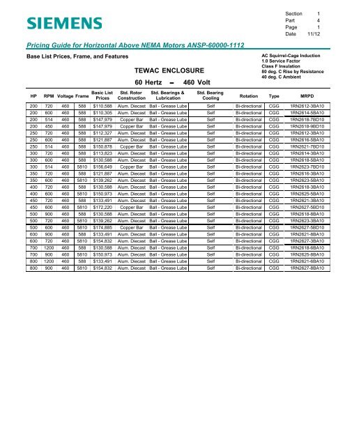 Pricing Guide for Horizontal Above NEMA Motors - Siemens Industry ...