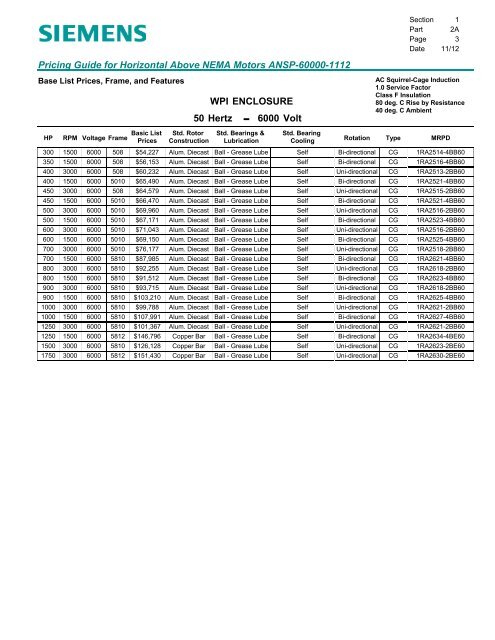 Pricing Guide for Horizontal Above NEMA Motors - Siemens Industry ...