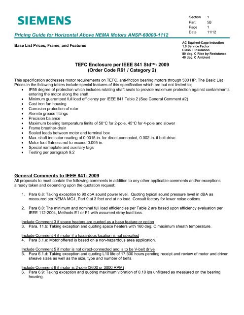 Pricing Guide for Horizontal Above NEMA Motors - Siemens Industry ...