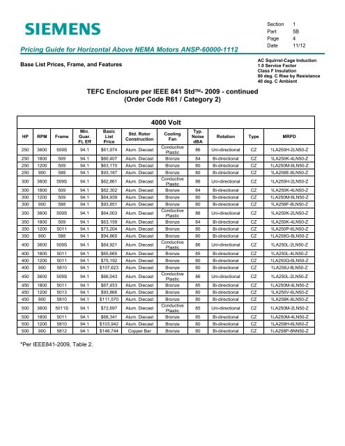 Pricing Guide for Horizontal Above NEMA Motors - Siemens Industry ...