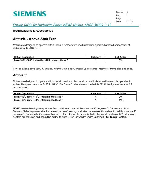 Pricing Guide for Horizontal Above NEMA Motors - Siemens Industry ...