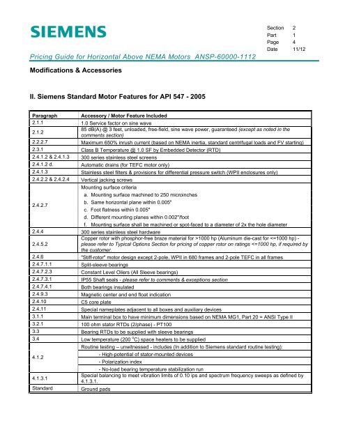 Pricing Guide for Horizontal Above NEMA Motors - Siemens Industry ...