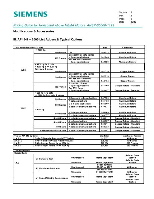 Pricing Guide for Horizontal Above NEMA Motors - Siemens Industry ...