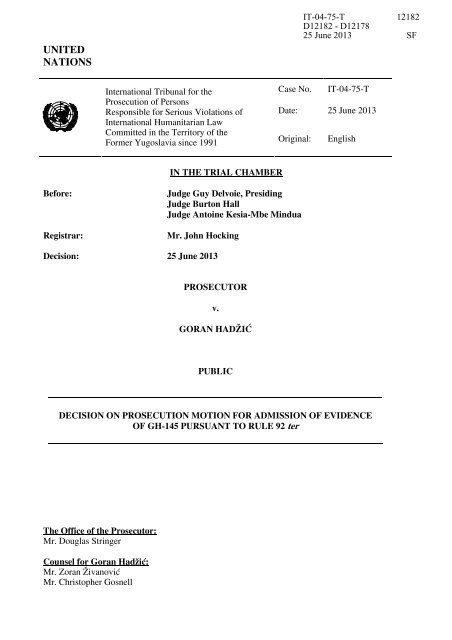Decision on prosecution motion for admission of evidence of ... - ICTY