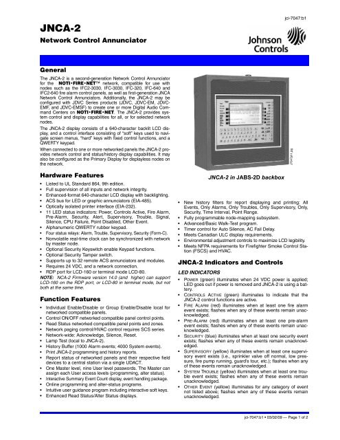 JNCA-2 Network Control Annunciator Catalog ... - Johnson Controls