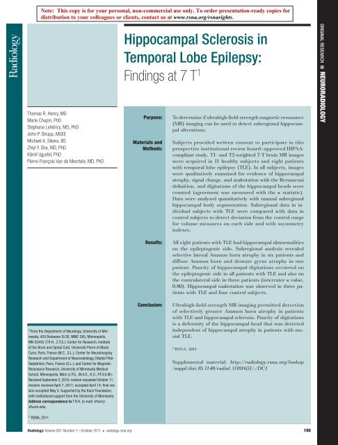Hippocampal Sclerosis in Temporal Lobe Epilepsy: Findings at 7 T 1