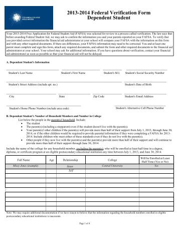 2013-14 Dependent Federal Verification Form - Columbia College ...