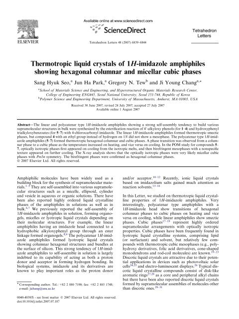 Thermotropic liquid crystals of 1H-imidazole amphiphiles showing ...