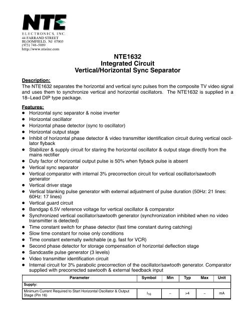 NTE1632 Integrated Circuit Vertical/Horizontal Sync Separator