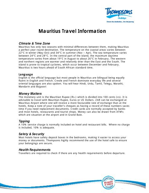 Mauritius Country Info - Thompsons Tours