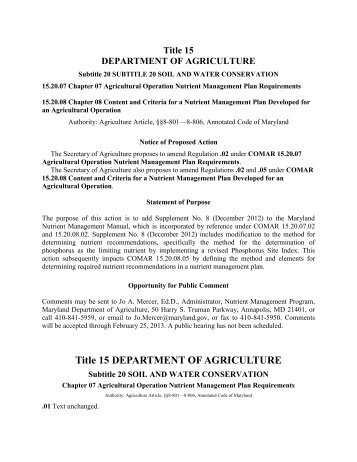 Title 15 DEPARTMENT OF AGRICULTURE - Maryland Department ...