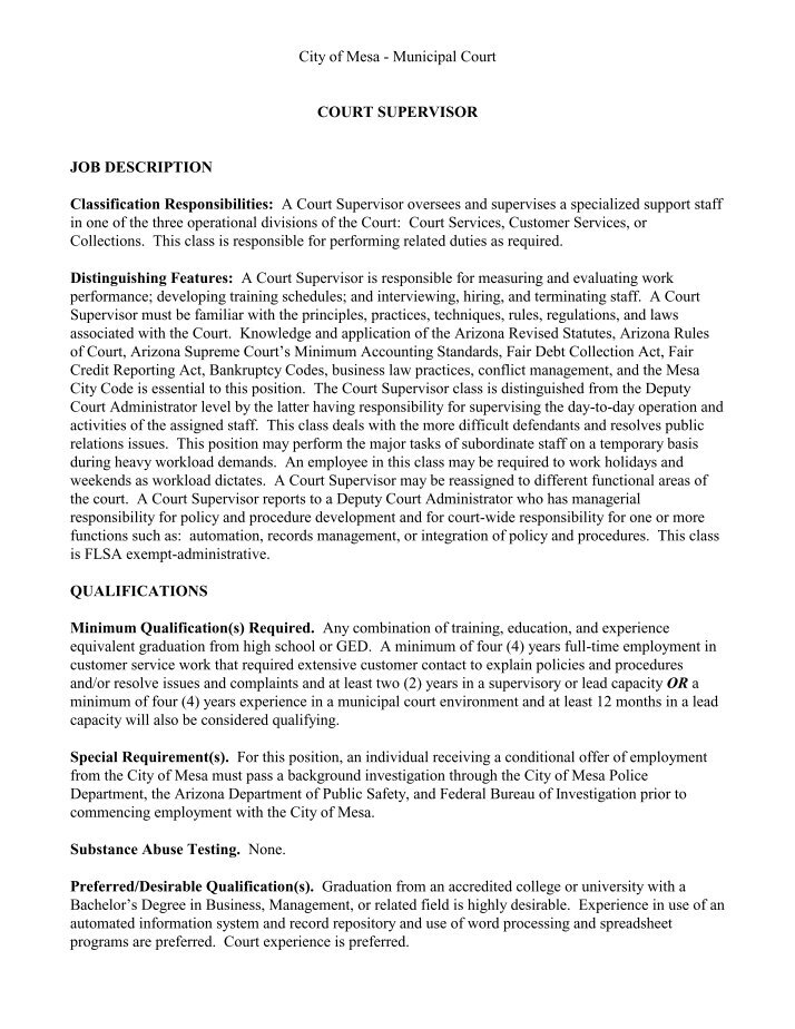 Water Utility WATER QUALITY SUPERVISOR JOB DESCRIPTION