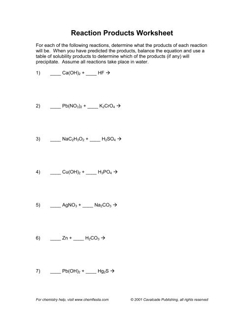 Reaction Products Worksheet - Key