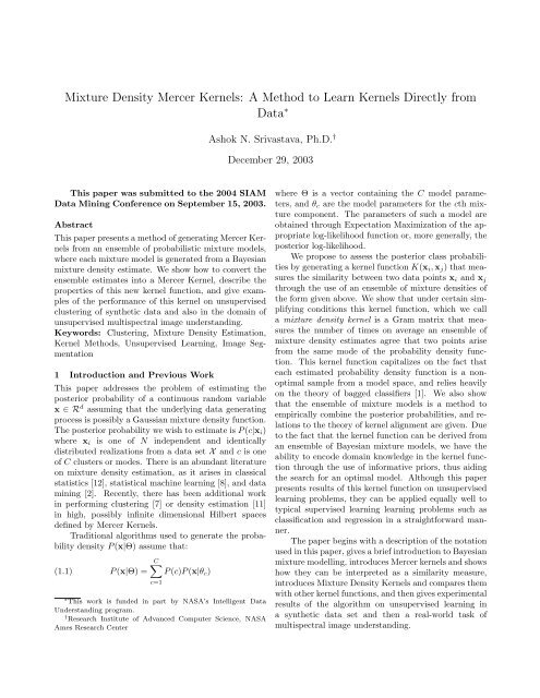 Mixture Density Mercer Kernels - Intelligent Systems Division - NASA