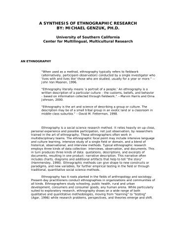 A SYNTHESIS OF ETHNOGRAPHIC RESEARCH BY: MICHAEL ...