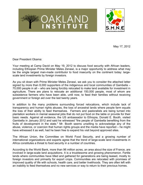 May 17, 2012 Dear President Obama: Your ... - Oakland Institute