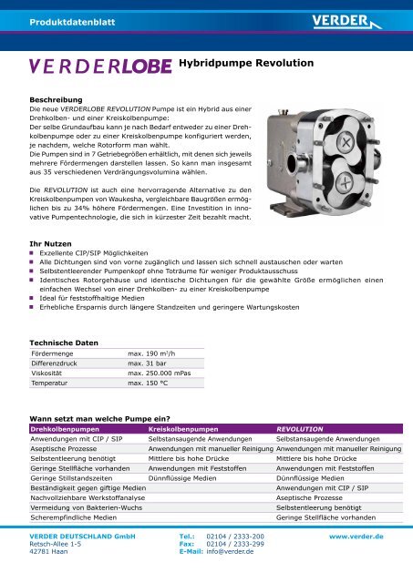 Produktdatenblatt Rotationskolbenpumpe Verderlobe Revolution