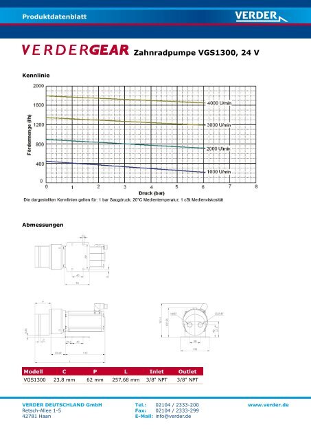 Datenblatt Zahnradpumpe Verdergear VGS1300 24V OEM