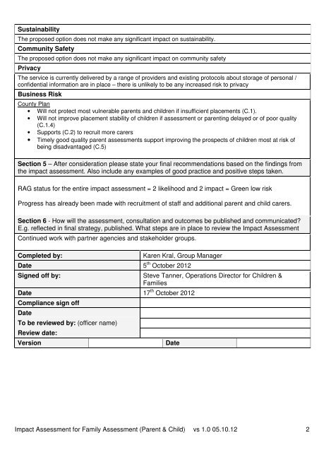 Family Assessment (Parent & Child) Service Review Outcome