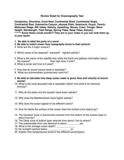Review Sheet For Oceanography Test