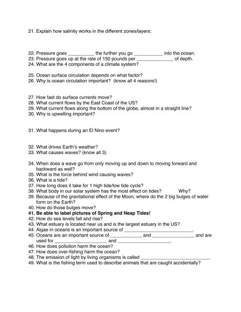 Review Sheet for Oceanography Test