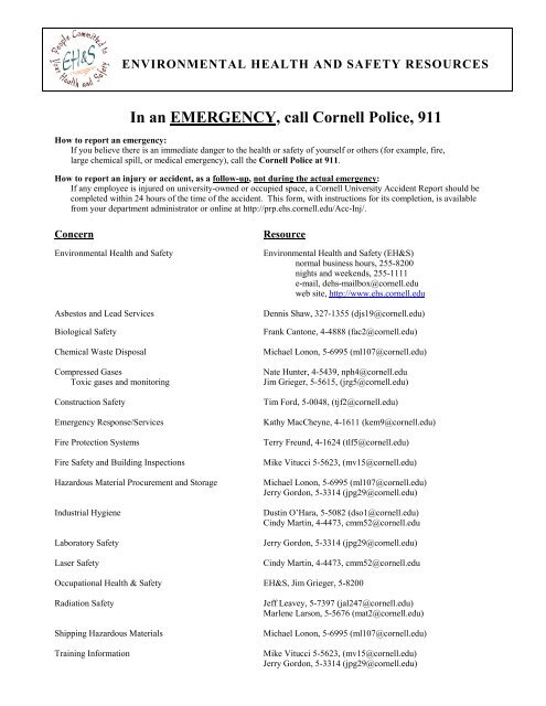 In an EMERGENCY, call Cornell Police, 911 - Environmental Health ...