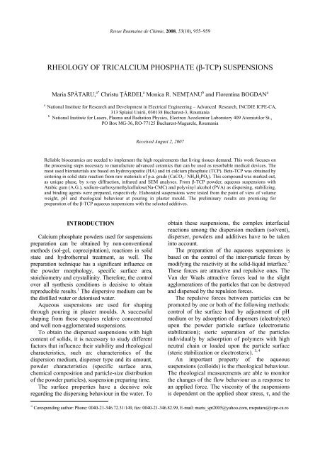 RHEOLOGY OF TRICALCIUM PHOSPHATE (Î²-TCP) SUSPENSIONS