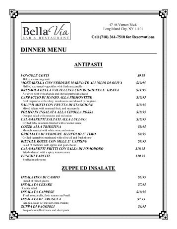 dinner menu antipasti - Bella Via Restaurant