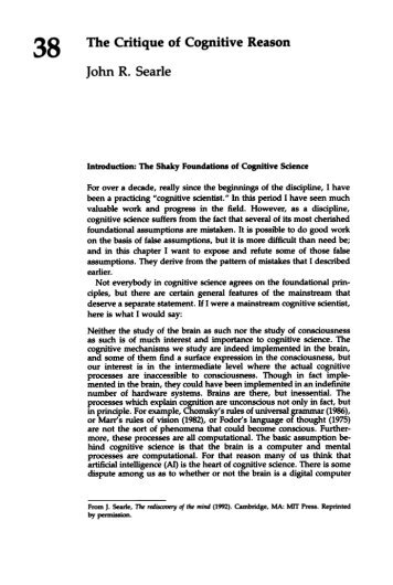 John R. Searle - The Critique of Cognitive Reason