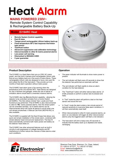 Mains powered heat alarm with rechargeable battery - Ei Electronics