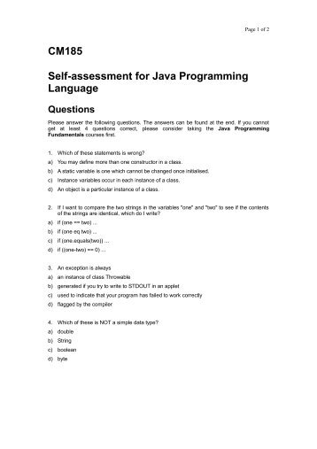 CM185 Self-assessment for Java Programming Language