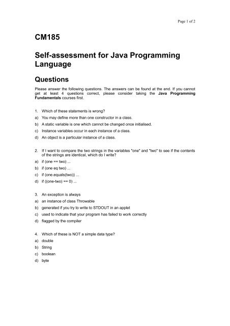 Cm185 Self Assessment For Java Programming Language