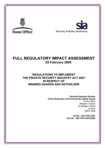 Full Regulatory Impact Assessment for Manned Guards & Keyholders