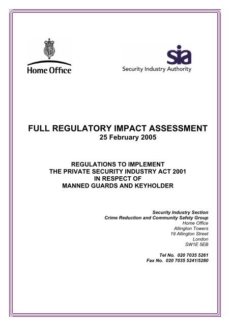 Full Regulatory Impact Assessment for Manned Guards & Keyholders