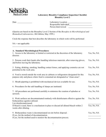 Biosafety Level 2 (BSL2) Laboratory Biosafety Compliance Checklist