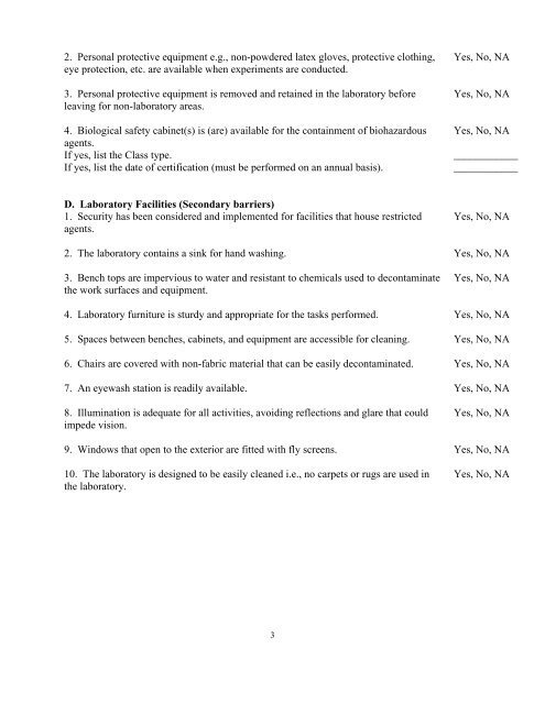 Biosafety Level 2 (BSL2) Laboratory Biosafety Compliance Checklist