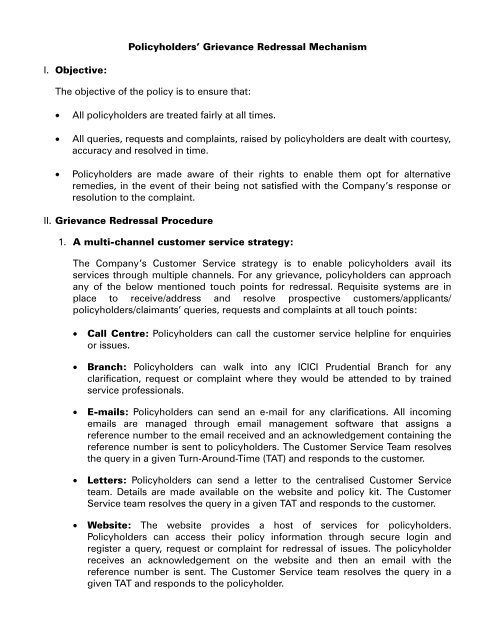 Grievance Redressal Mechanism I. Objective - ICICI Prudential Life ...