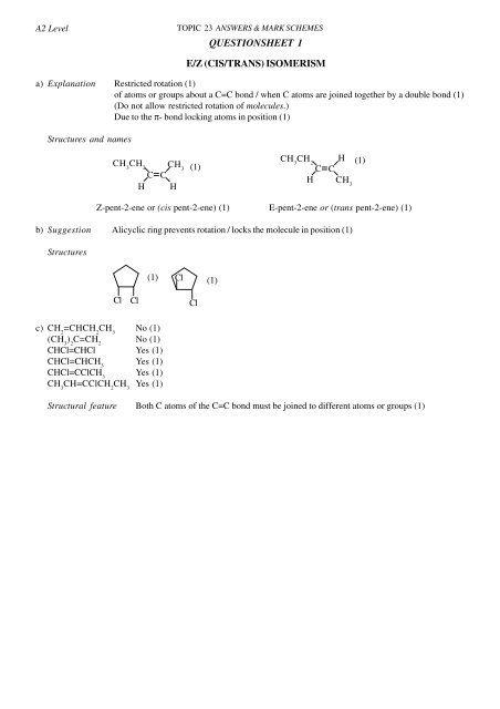 QUESTIONSHEET 1 E/Z (CIS/TRANS) ISOMERISM