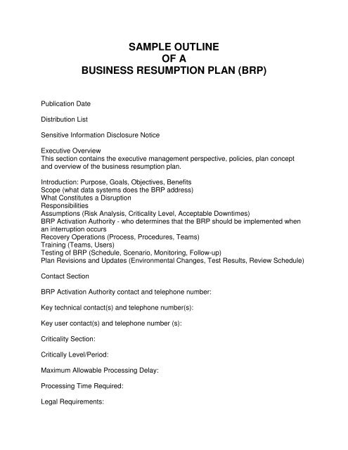 sample outline of a business resumption plan (brp) - Bryant